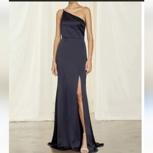 Amsale Kaia One Shoulder Formal Satin Navy Blue Bridesmaid Gown Sz-10